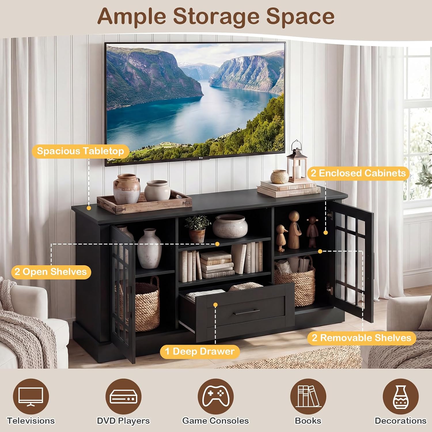 Tangkula Farmhouse TV Stand for TV up to 65 70 Inches, Tall Media Console Table with 2 Glass Storage Cabinets, 1 Drawer & 2 Open Shelves, Wooden Entertainment Center for Living Room (Black)