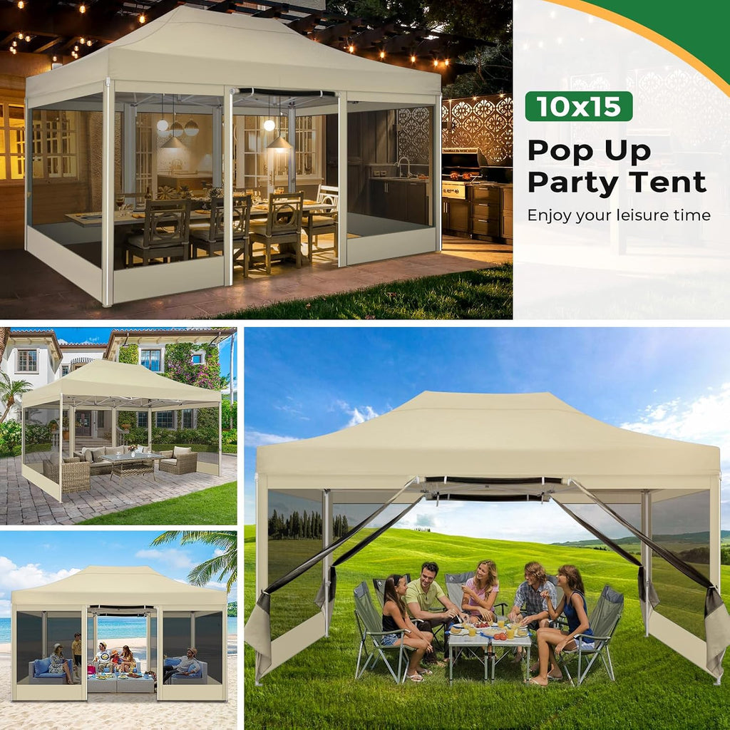 COBIZI 10x15 Heavy Duty Pop Up Canopy Tent with 4 Sidewalls, Commercial Gazebo Party Tent with Mosquito Netting Wall Easy Set Up Outdoor Instant Screen Gazebo for Backyard, Patio, Garden, Khaki