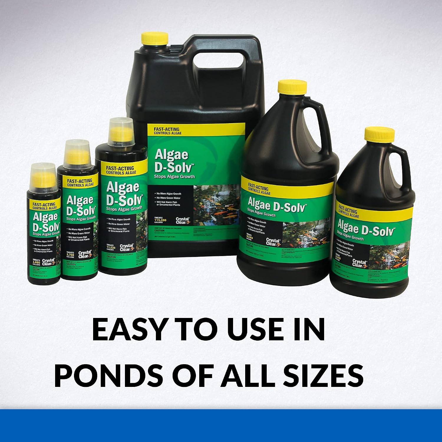 CrystalClear Algae D-Solv Pond Algae Control, Fast-Acting EPA Registered Algaecide, Use in Fountains & Outdoor Ponds Containing Koi & Other Fish, Treats 115,200 Gallons, 2.5 Gallons