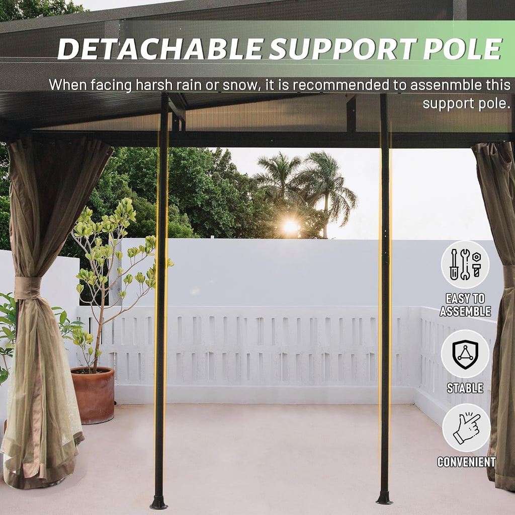 Domi 10x12FT Lean to Gazebo, Aluminum Wall Mounted Gazebo with Sloping Galvanized Steel Roof, Curtains and Netting, Outdoor Hardtop Gazebo Pergola for Patio, Deck, Garden, Backyard