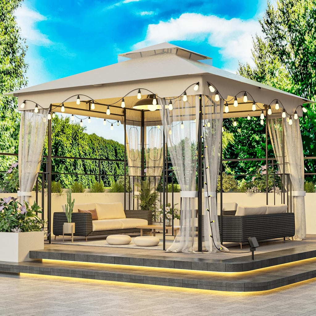 10X10FT Softtop Metal Gazebo with Mosquito Net Sunshade Curtains,Sturdy Heavy Duty Double Roof Canopy,Galvanized Steel Design Outdoor Tent,Suitable for Gardens,Patio,Backyard
