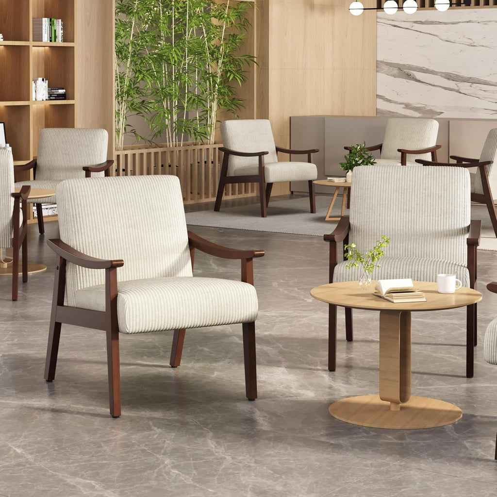 Yaheetech Corduroy Accent Chair, Mid-Century Modern Armchair with Solid Wood Legs, Reading Leisure Chair with High Back for Living Room Bedroom Waiting Room, Set of 2, Beige
