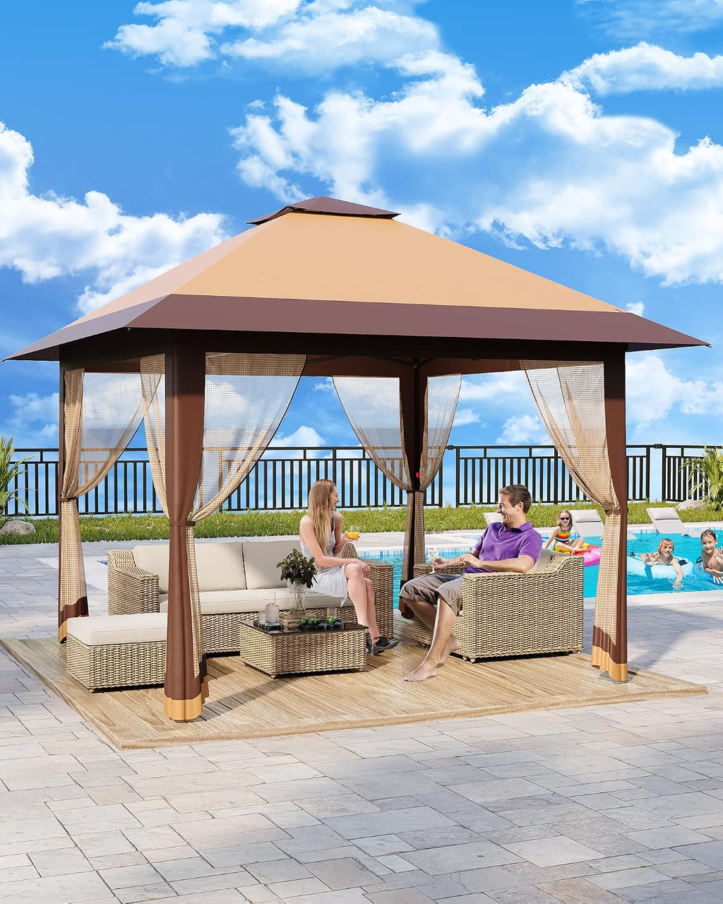 13x13 Pop Up Gazebo, Outdoor Canopy Tent with Double Roof and Mesh Netting, Gazebo Tent with Large Space and Adjustable Height for Backyard, Garden, Patio, Lawn, Khaki + Light Khaki
