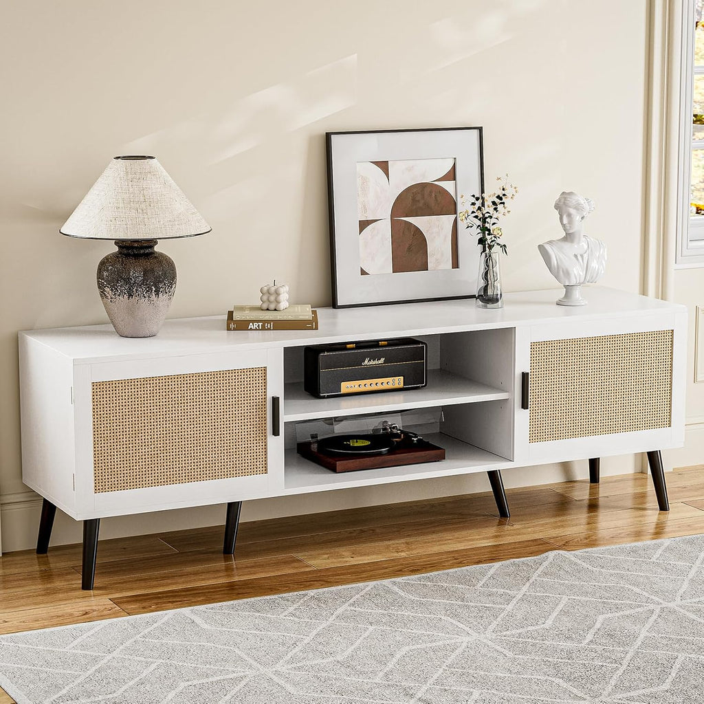 ZttRiee TV Stand for TVs up to 65'', Mid Century Modern Entertainment Center with Rattan Door, Shelves & 2 Cabinets, Boho Media TV Console for Living Room, Bedroom, White