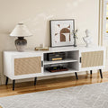 ZttRiee TV Stand for TVs up to 65'', Mid Century Modern Entertainment Center with Rattan Door, Shelves & 2 Cabinets, Boho Media TV Console for Living Room, Bedroom, White