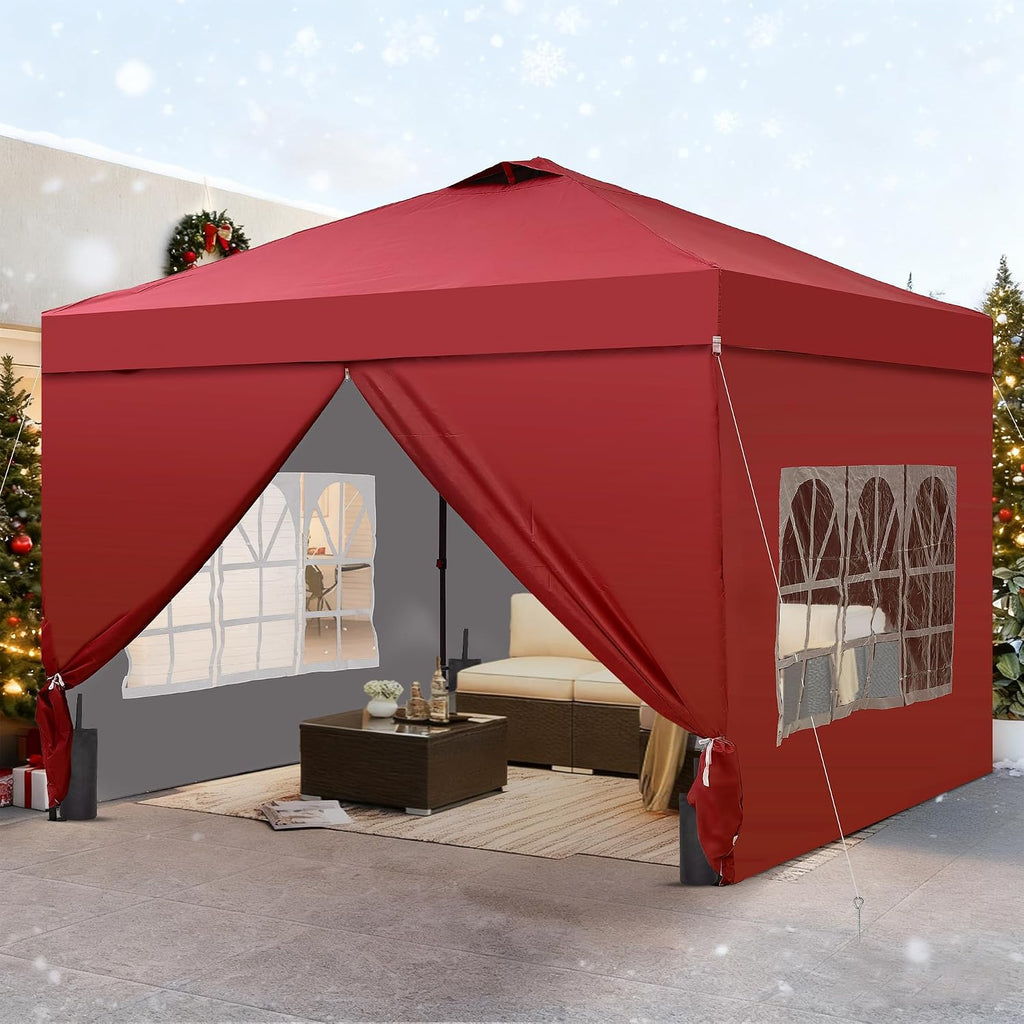 GDY 10x10 Pop Up Canopy Tent with 4 Sidewalls, Easy Set up with One Push Lift Outdoor Silver Coated Beach Gazebos, Carpas with 4 Sandbags, for Pool, Events, Parties, and Camping, Red.