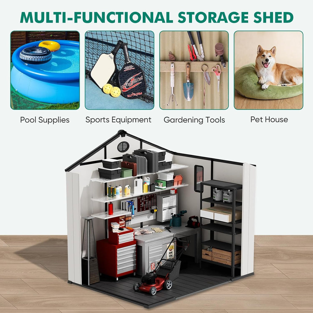8x8 Outdoor Storage Shed with Floor, Heavy Duty Resin Tool Shed, Weather Resistant Garden Storage Building with Windows & Ventilation, White/Gray