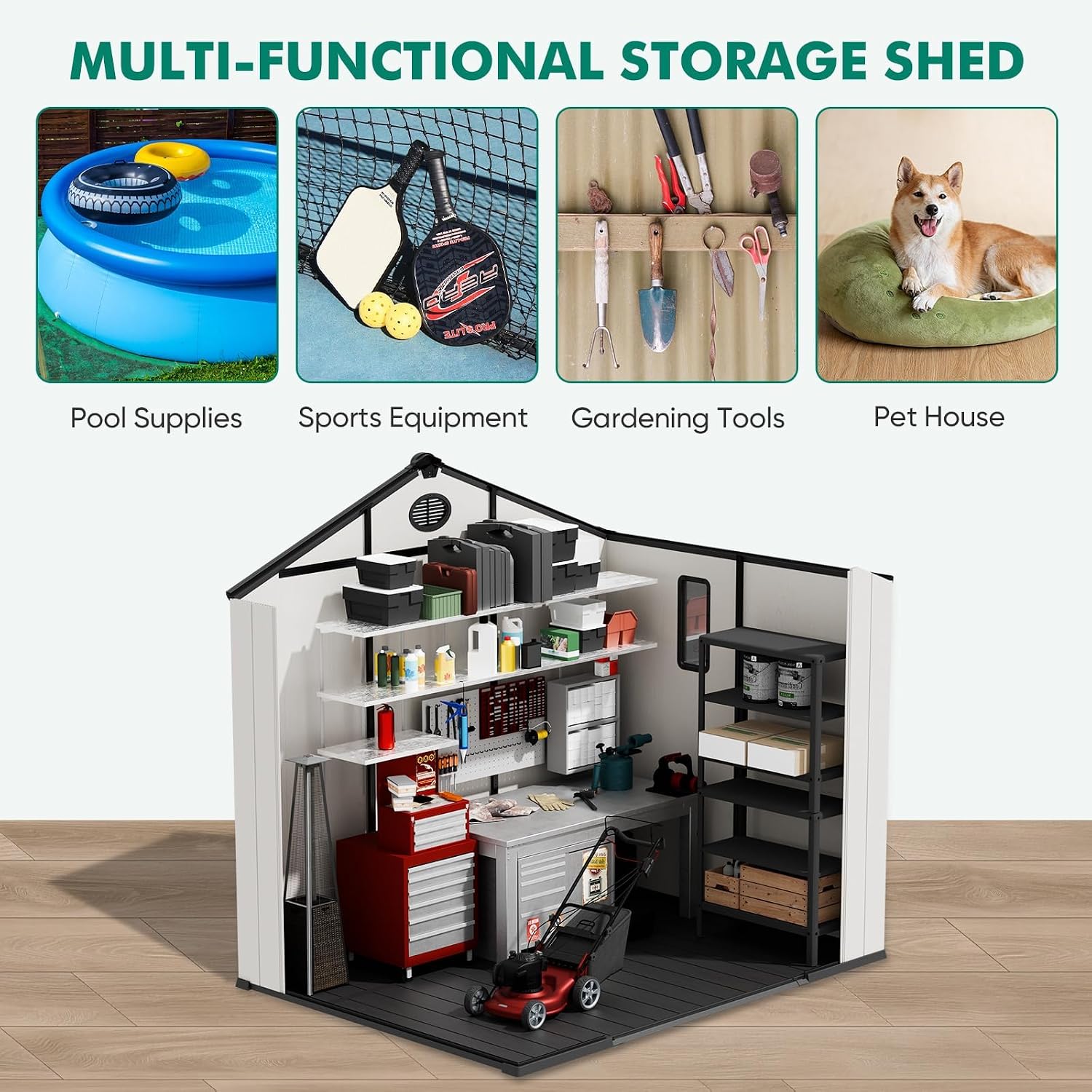 8x8 Outdoor Storage Shed with Floor, Heavy Duty Resin Tool Shed, Weather Resistant Garden Storage Building with Windows & Ventilation, White/Gray