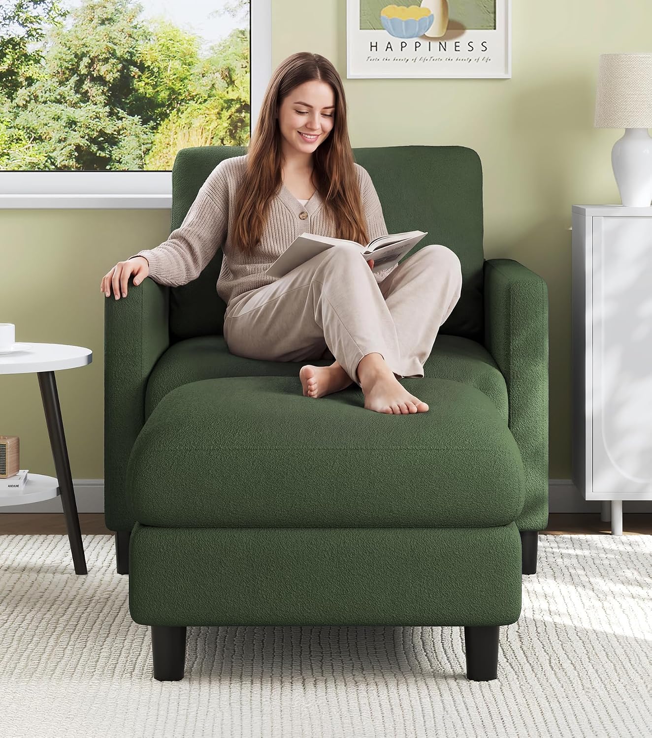 Welzona Sofa Accent Chair with Ottoman, 33' Reading Chair and Ottoman Set for Bedroom, Tool-Free Setup Living Room Accent Chairs, Comfy Arm Chairs Living Room, All-Wood Reading Nook, Green