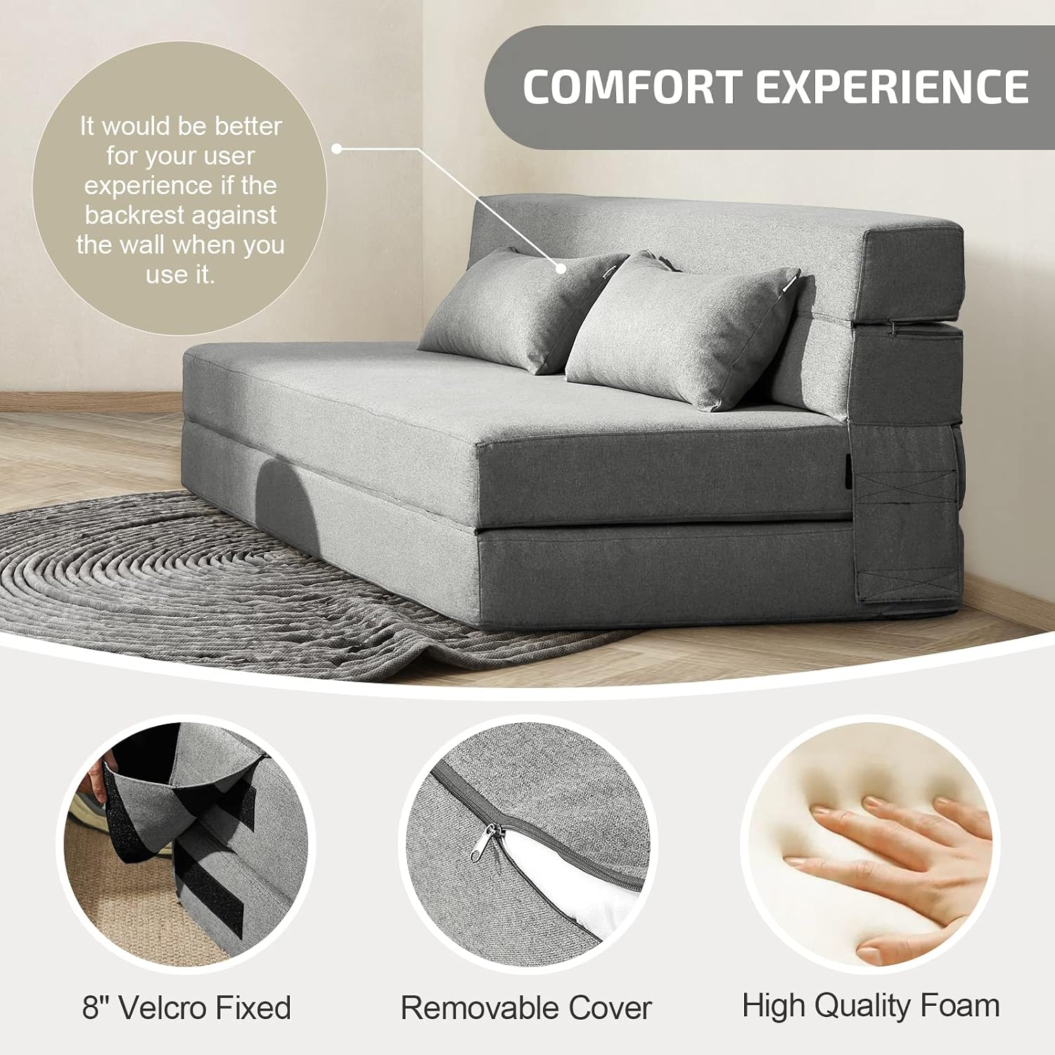 SUYOLS Folding Sofa Bed with Pillows- Convertible Chair Floor Couch & Sleeping Mattress, Foldable Memory Foam Sleeper for Living Room/Dorm/Guest Room/Home Office/Apartment/Loft, Queen, Light Gray