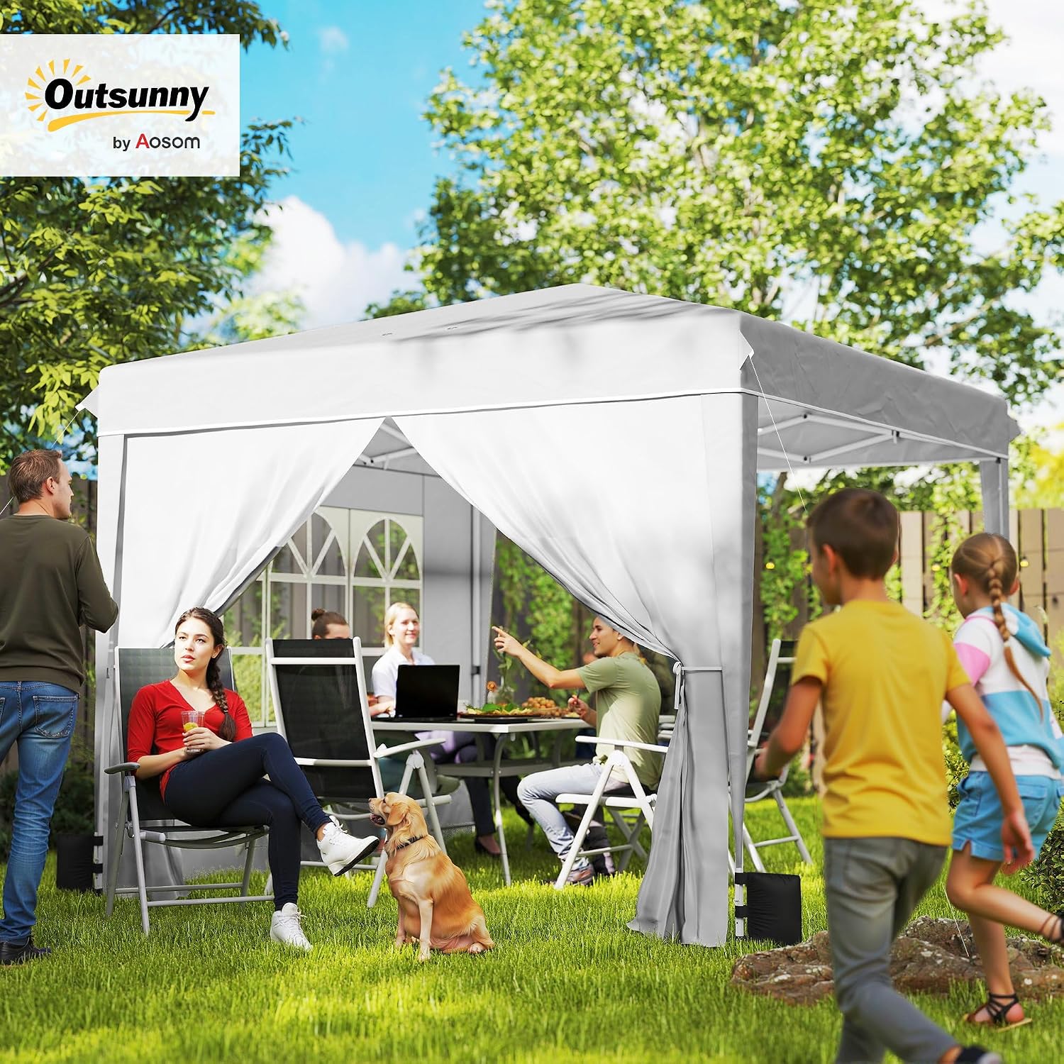 Outsunny 10 x 10 ft Pop Up Canopy Tent with Sidewalls, UPF50+ Outdoor Portable Instant Canopy Shelter with Carry Bag, Sandbags, Adjustable Height for Parties, Events, Camping, White
