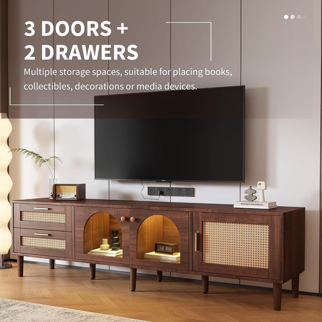Merax LED TV Stand for TVs up to 80', Boho Entertainment Center with Rattan Decor, Multi-Functional Media Console & 3 Storage Cabinets and 2 Drawers for Living Room, Bedroom, Home Theatre, Dark Brown