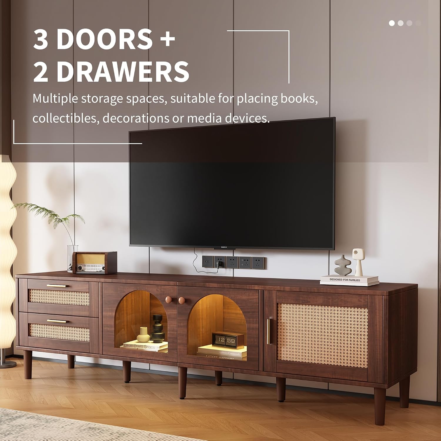 Merax LED TV Stand for TVs up to 80', Boho Entertainment Center with Rattan Decor, Multi-Functional Media Console & 3 Storage Cabinets and 2 Drawers for Living Room, Bedroom, Home Theatre, Dark Brown