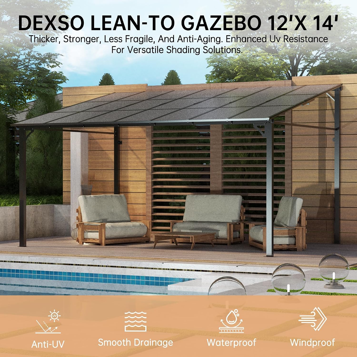 12' x 14' Hard Top Gazebo with Metal Frame, Sloped Roof Wall Mounted Pergola for Patio Deck Backyard, Outdoor Pergolas and Gazebos