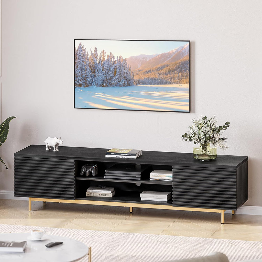 BELLEZE 68' Fluted TV Stand for TV up to 75', Modern Entertainment Center with Storage Cabinet, Slatted Door Decorated Media Console Table, Home Living Room Bedroom Furniture(Ebony)