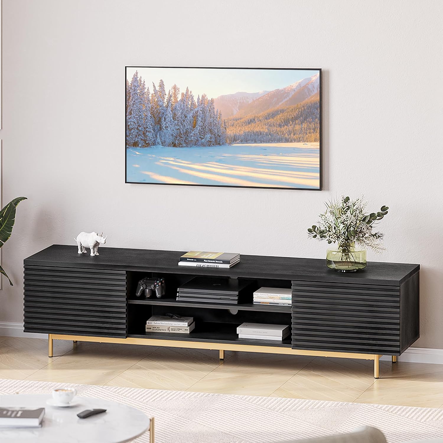 BELLEZE 68' Fluted TV Stand for TV up to 75', Modern Entertainment Center with Storage Cabinet, Slatted Door Decorated Media Console Table, Home Living Room Bedroom Furniture(Ebony)