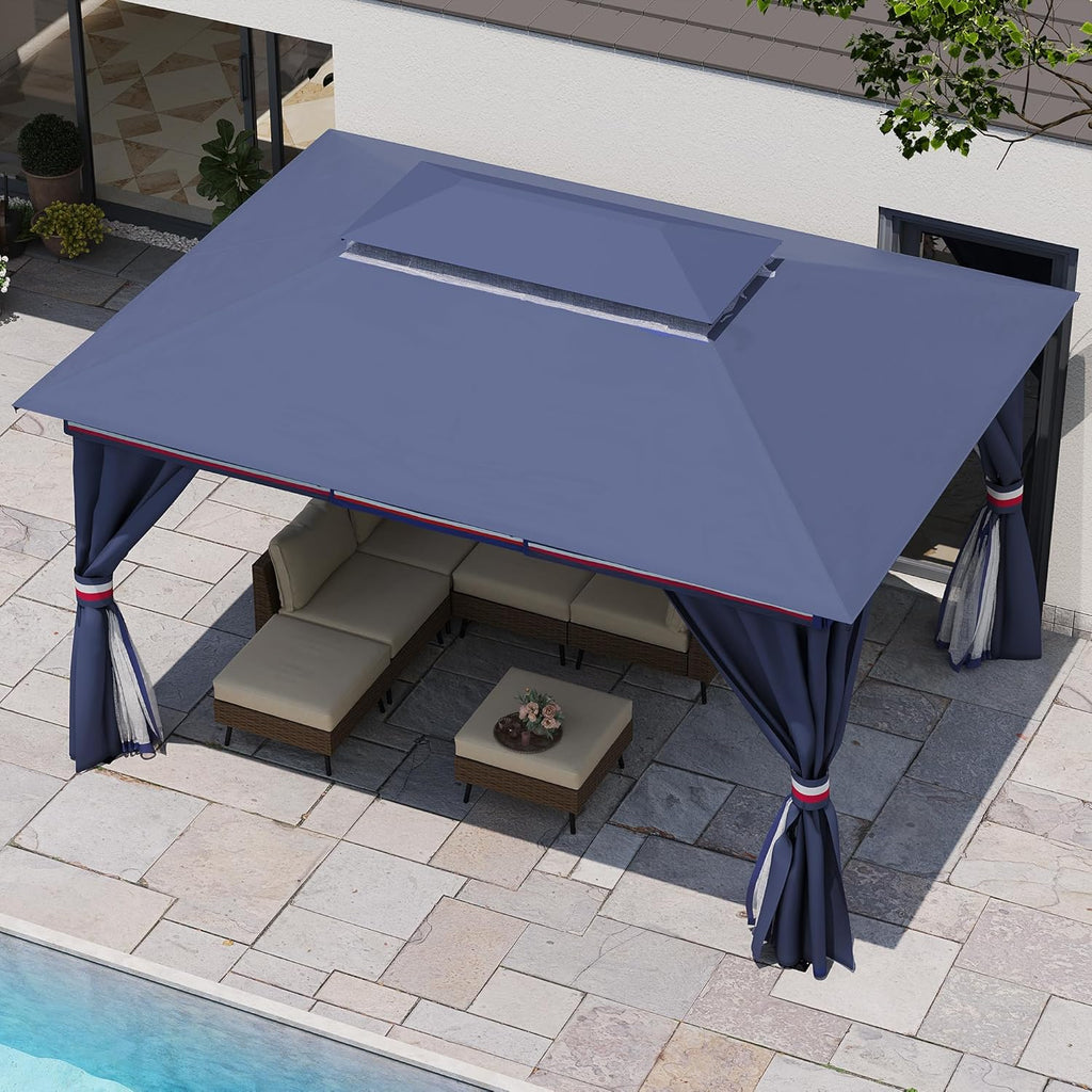 LAUSAINT HOME 10'x13' Outdoor Gazebo, Metal Frame Heavy Duty Patio Canopy Tent Shelter with Double Roofs, Mosquito Nettings and Privacy Screens for Backyard, Garden, Lawn, Classic Blue
