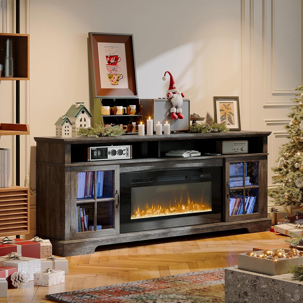 70' Farmhouse TV Stand with 36' Fireplace for TVs up to 80', Media Entertainment Center with Adjustable Shelves and Large Storage Cabinets, for Living Room, Gray & Black