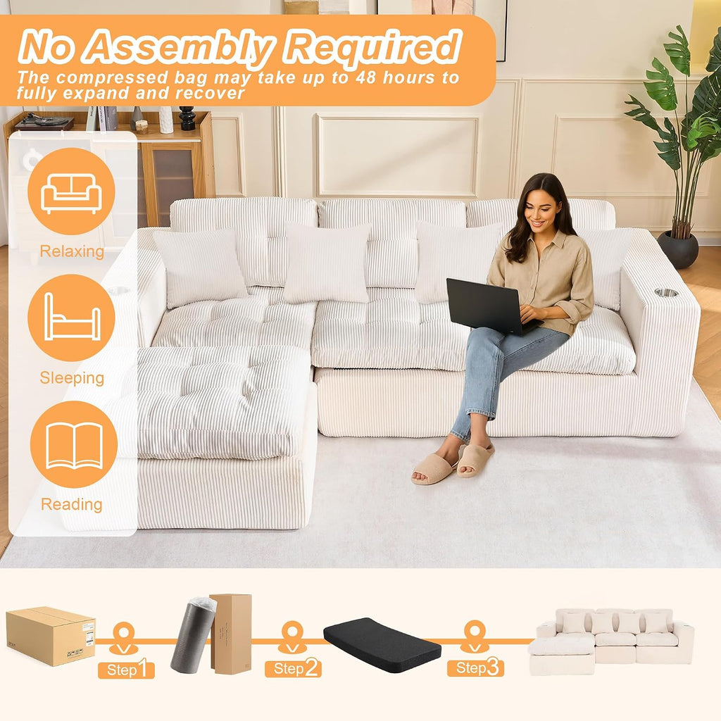 108' Modular Sectional Sofa, Cloud Sectional Couch with Deep Seat, Modern Modular L-Shape Sofa Couch with Chaise,Upholstered Couches for Living Room Bedroom (Light Beige)