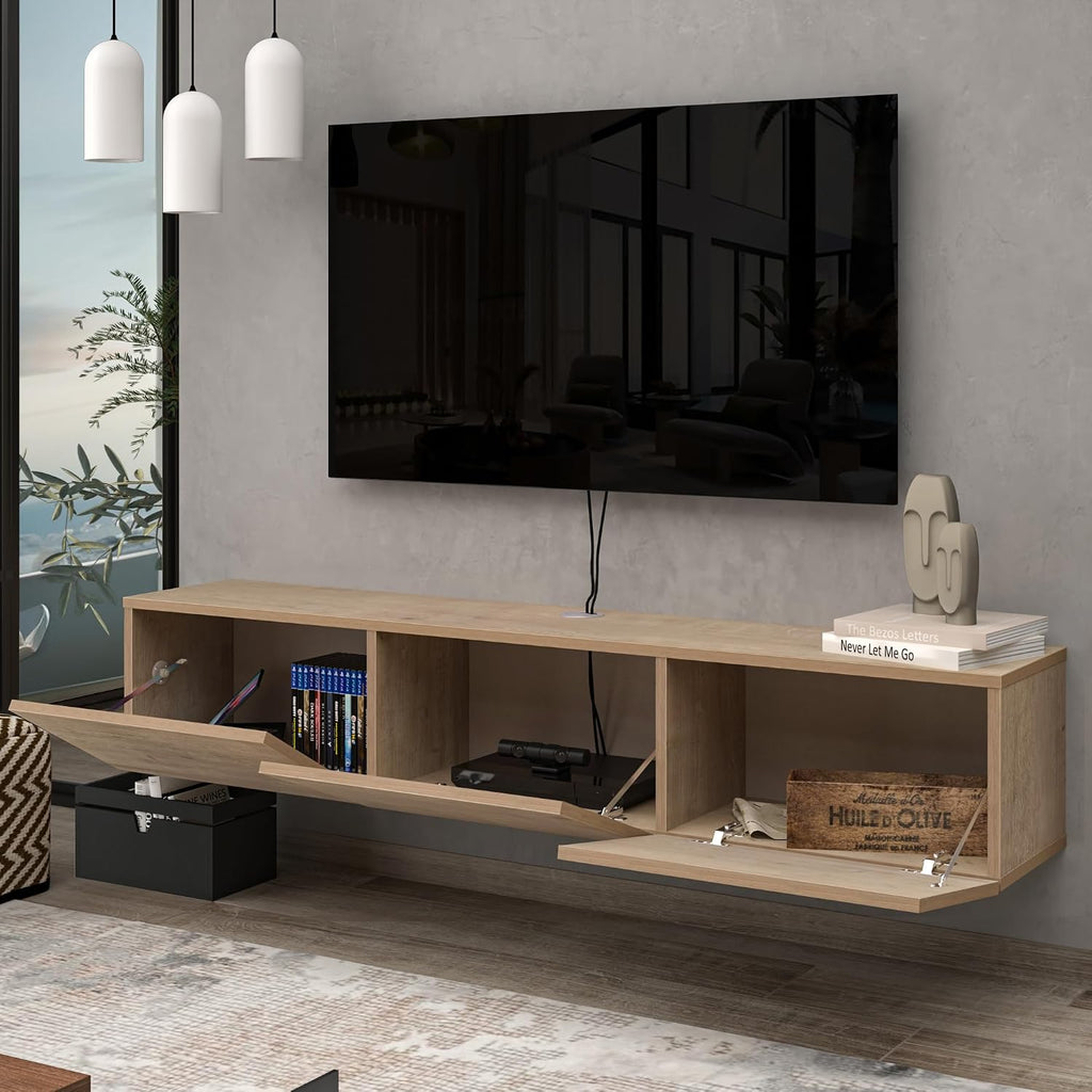 Floating TV Stand for 75-80 Inch TV, 63' Wall Mounted TV Stand with Storage Cabinet, Floating Entertainment Center with Cable Management Hole, Oak Wood Grain Floating Media Console for Living Room