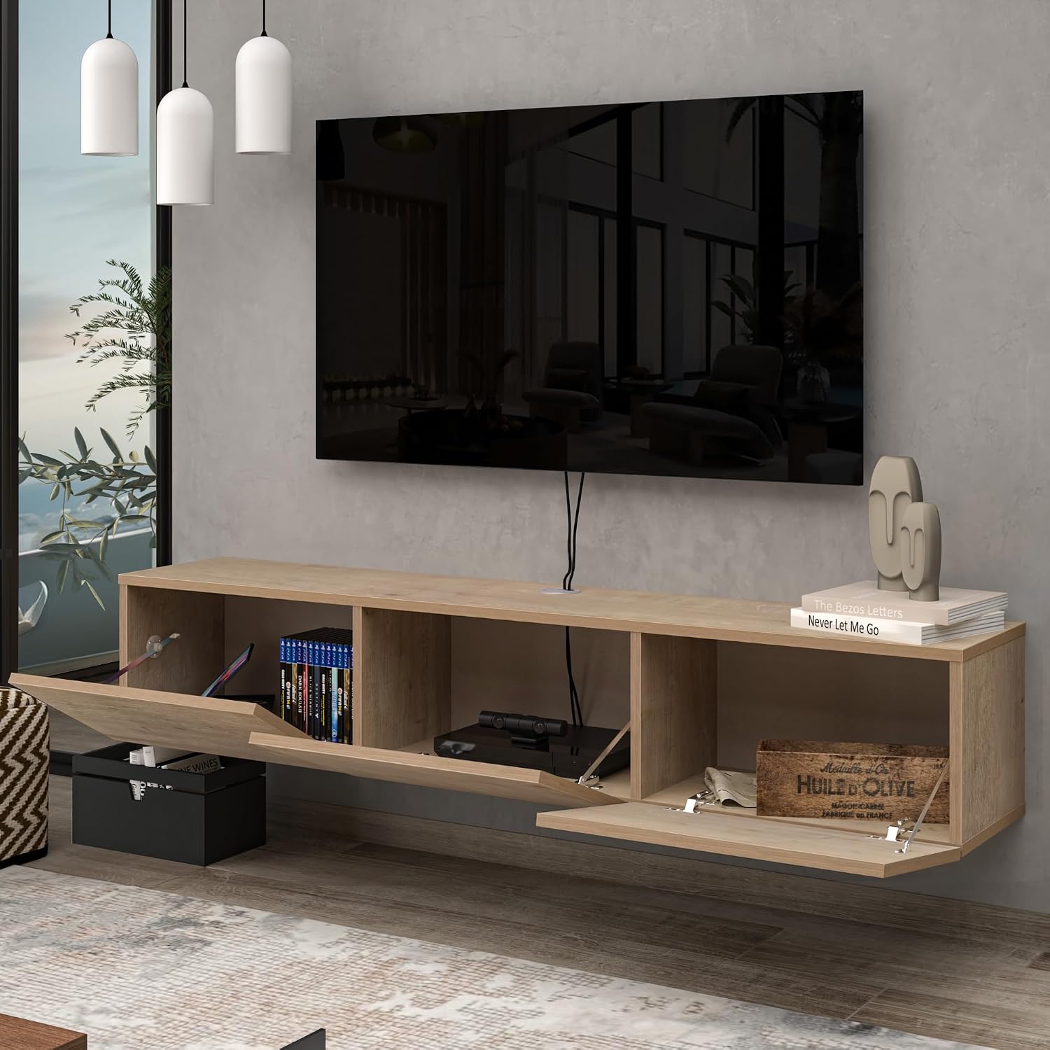 Floating TV Stand for 75-80 Inch TV, 63' Wall Mounted TV Stand with Storage Cabinet, Floating Entertainment Center with Cable Management Hole, Oak Wood Grain Floating Media Console for Living Room