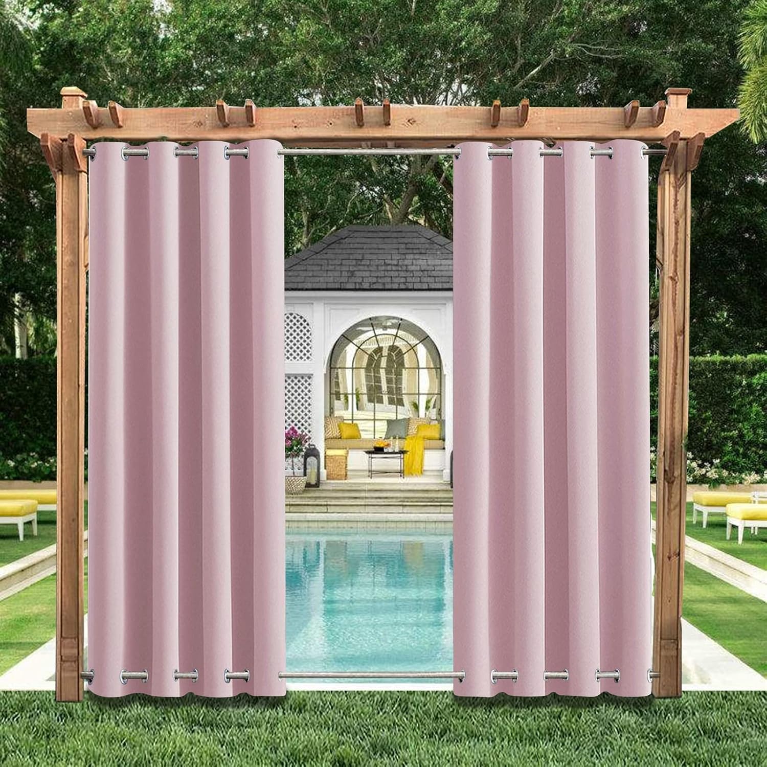 SK Studio Outdoor Curtains for Patio Waterproof Sunlight Block Rustproof Grommet Top and Bottom Windbreak Privacy Curtain for Gazebo, Front Porch, Pergola, 2 Panels, Light Pink, 100' W x 96' L