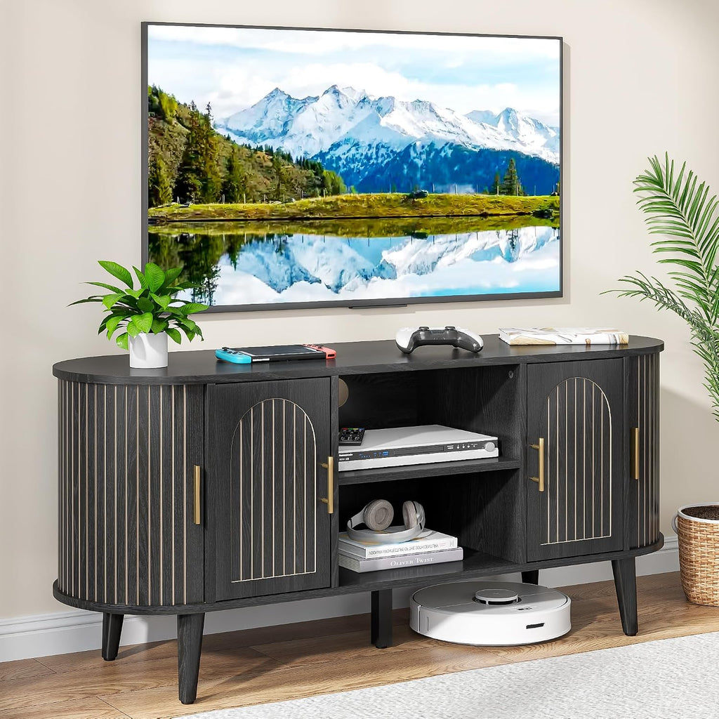 51' Fluted TV Stand, Mid-Century Modern Entertainment Center for Tvs up to 60' with Drawers and Fluted Doors, Curved TV Media Console Table with Sliding Doors for Living Room, Bedroom (51' Black)