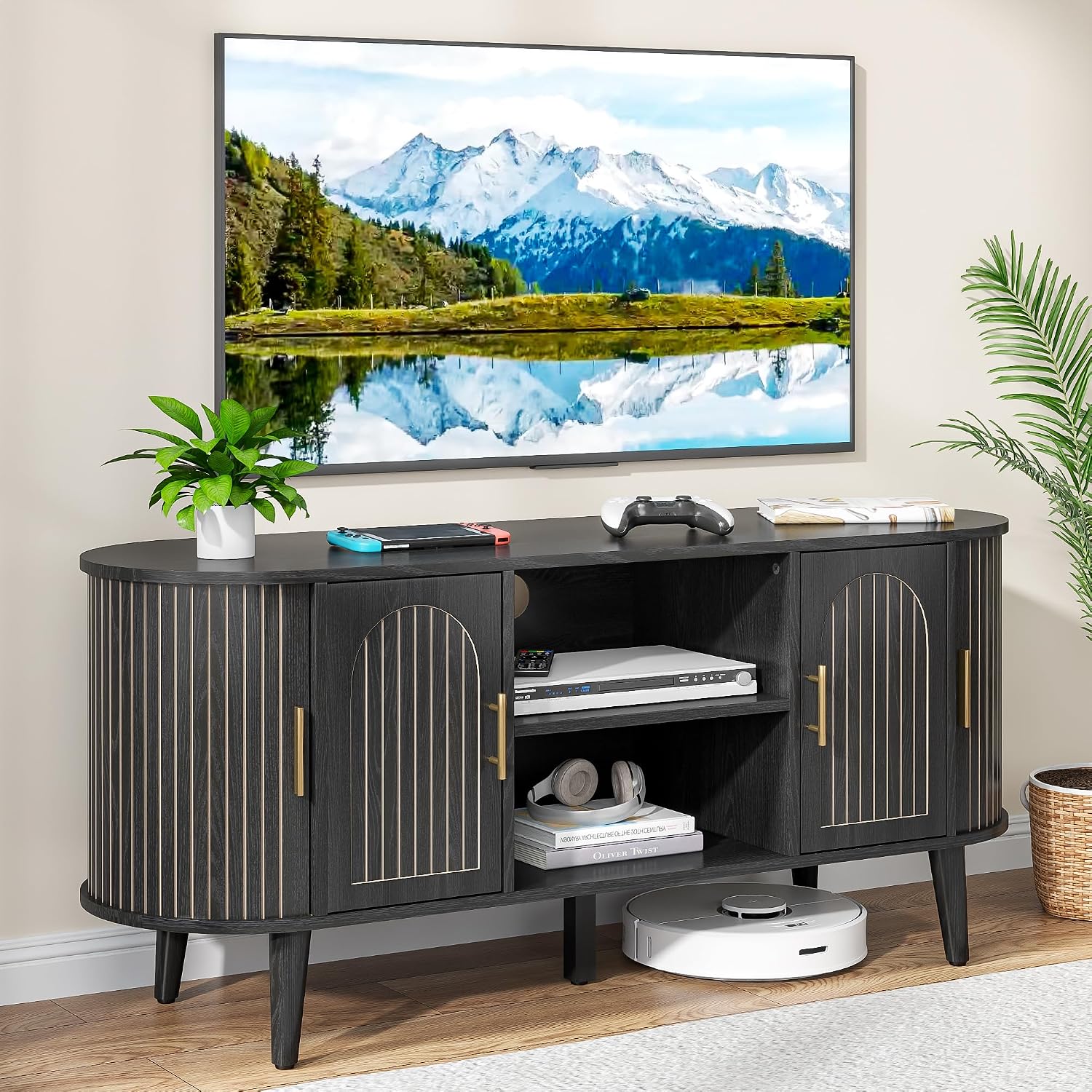 51' Fluted TV Stand, Mid-Century Modern Entertainment Center for Tvs up to 60' with Drawers and Fluted Doors, Curved TV Media Console Table with Sliding Doors for Living Room, Bedroom (51' Black)