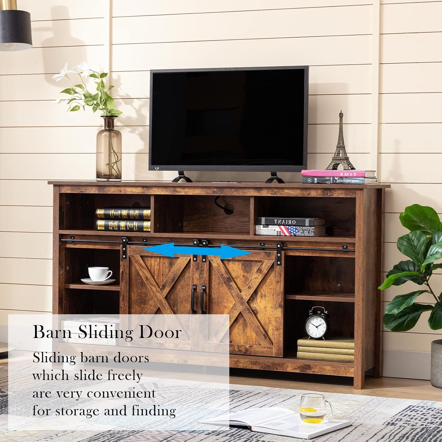 Vinctik 6&Fox 57In Wooden Farmhouse Entertainment Center for 60/65 inch TV,Double Layer Storage Farmhouse TV Stand,Double-Row Sockets with Wood Sliding Barn Door TV Stand, Double Layer Vintage Brown
