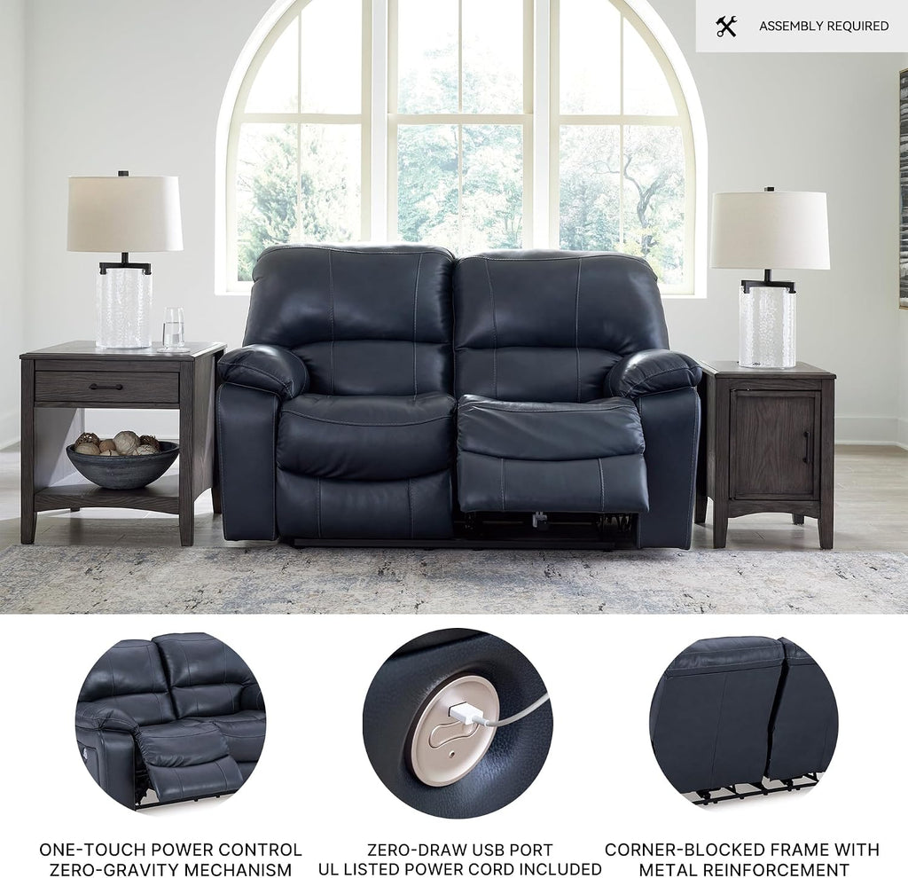 Signature Design by Ashley Leesworth Contemporary Power Reclining Loveseat with One-Touch Control and USB Charging Ports, Leather, 20' Seat Height, Blue