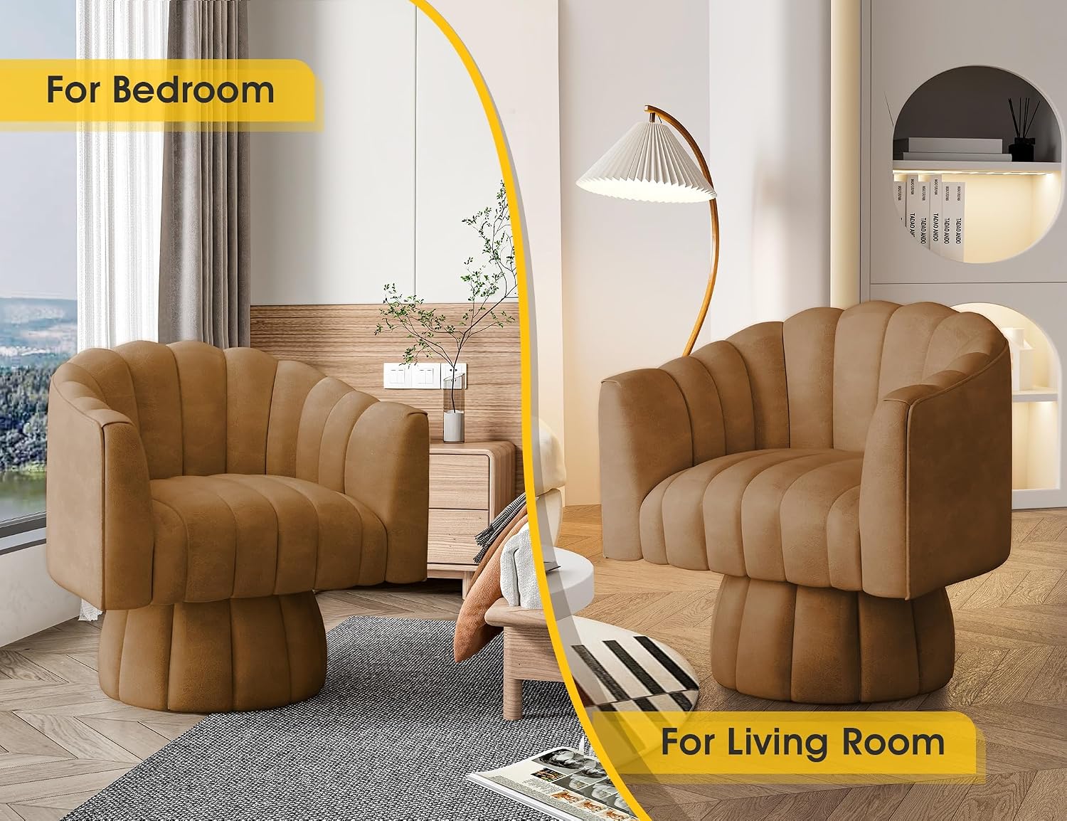 Dewhut Swivel Accent Chair, 360° Swivel Barrel Chair with Armrest, Faux Leather Upholstered Single Sofa Reading Chair for Living Room,Bedroom,Waiting Room(Brown)