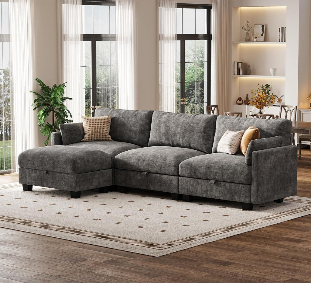 Modular Sectional U Shaped Sofa Couches for Living Room, Cloud Couch with Storage Ottoman, Comfy Chenille Sofa with Pillow, Dark Gray