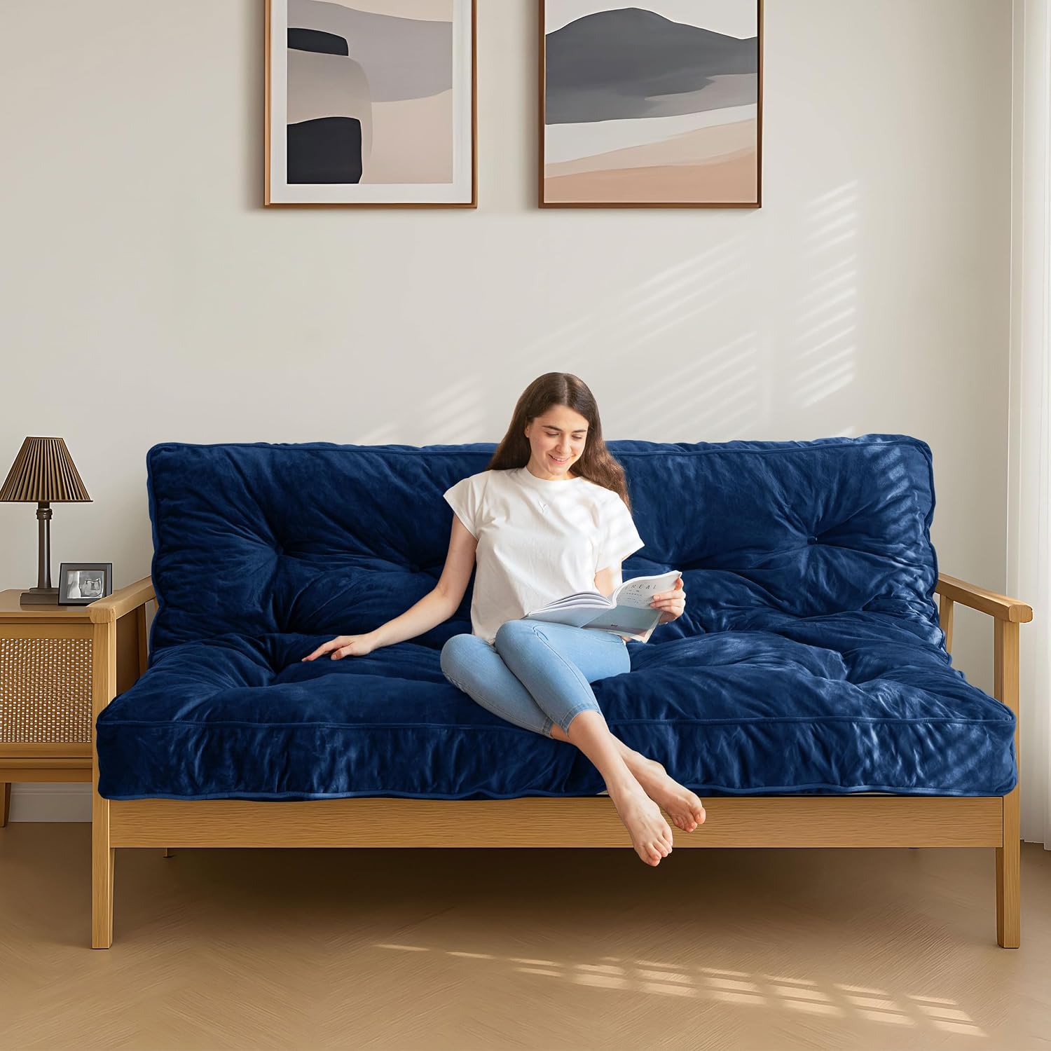 MAXYOYO 6' Futon Mattress Full Size, Velvet Thick Futons Sofa Couch, Versatile Floor Mattress for Adults, Shredded Foam Filling (Frame Not Included), Navy