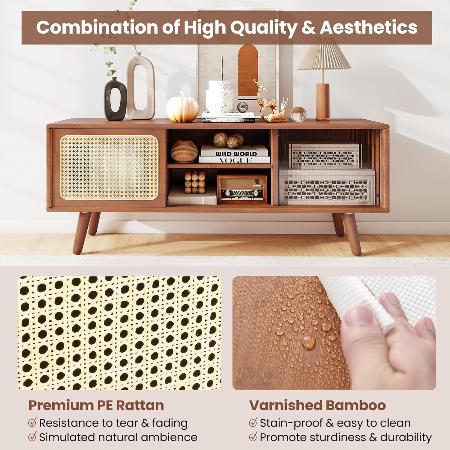 Giantex Bamboo TV Stand for TVs up to 55', Mid Century Modern Entertainment Center w/ 3-Level Adjustable Shelf, PE Rattan, Tempered Glass Sliding Door, Media TV Console Table for Bedroom (Walnut)