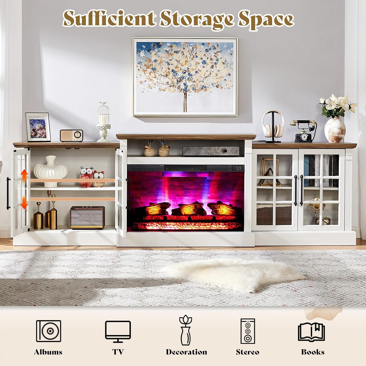 AMERLIFE 97' Farmhouse Fireplace TV Stand, Entertainment Center with Large Storage Space and Adjustable Shelf, Media Console for Living Room, White/Barnwood