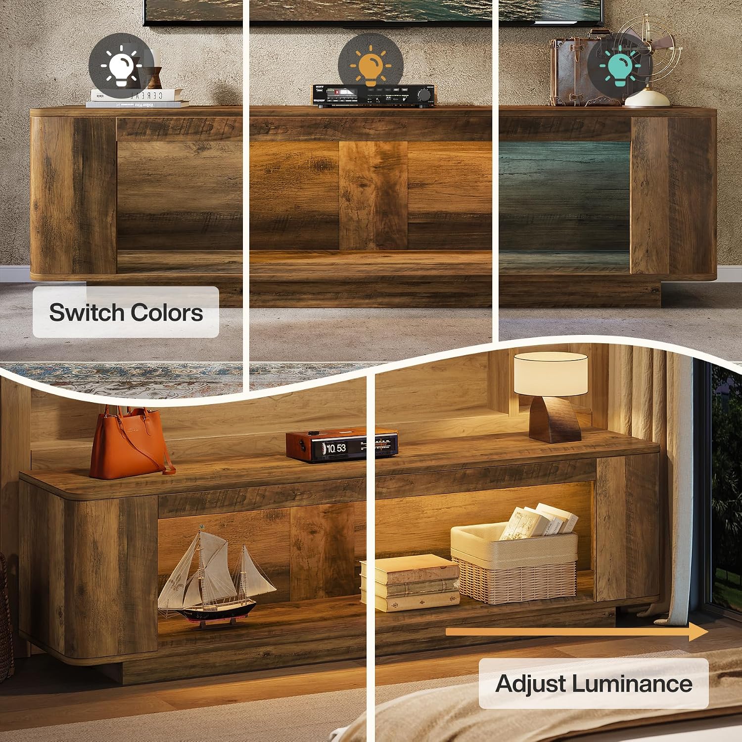 Tribesigns 70.9-Inch TV Stand, Farmhouse Entertainment Center for 65/70/75/80-Inch TVs, Television Console Table with LED Light Strip, Media Console for Living Room, Bedroom, Rustic Brown