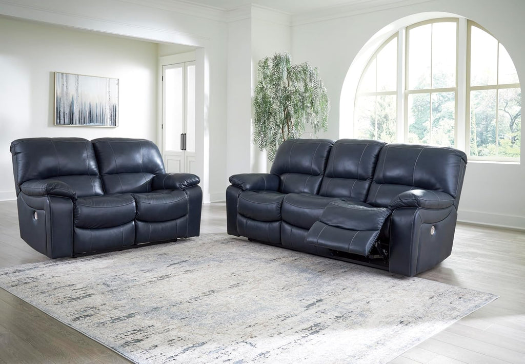 Signature Design by Ashley Leesworth Contemporary Power Reclining Loveseat with One-Touch Control and USB Charging Ports, Leather, 20' Seat Height, Blue