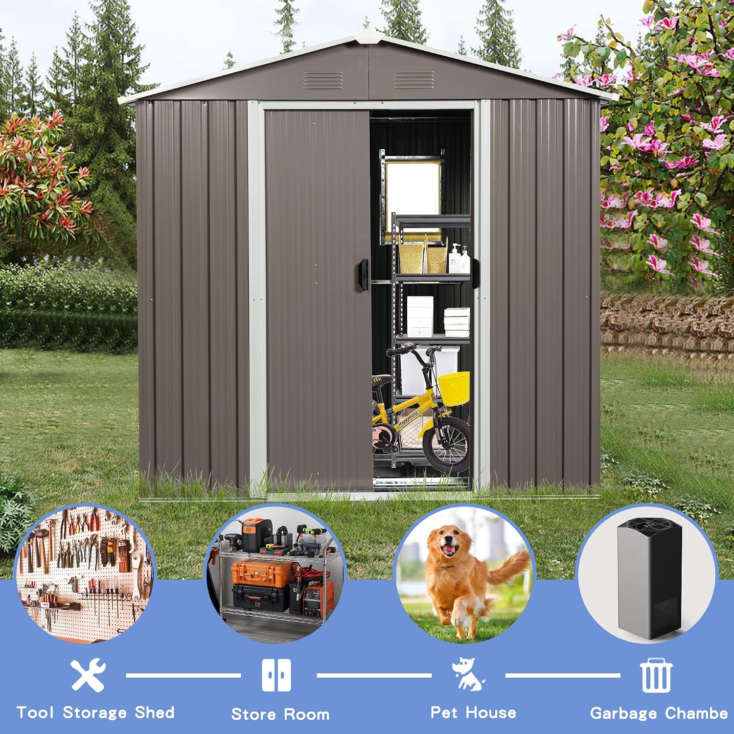 YOPTO 8×4 FT Outdoor Metal Storage Shed with Window and Integrated Punched Vents,Large Garden Outdoor Shed W/Sliding Doors & Padlock,Rust UV & Waterproof Tool Sheds for Backyard,Lawn,Patio,Grey