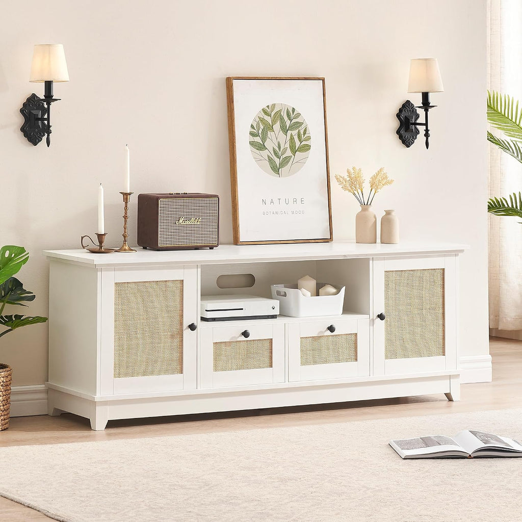 GAOMON Rattan TV Stand for 65 Inch TV, Boho Entertainment Center, TV Console with 2 Cabinets & Adjustable Shelf, Modern TV Stand with Storage (White Desktop)