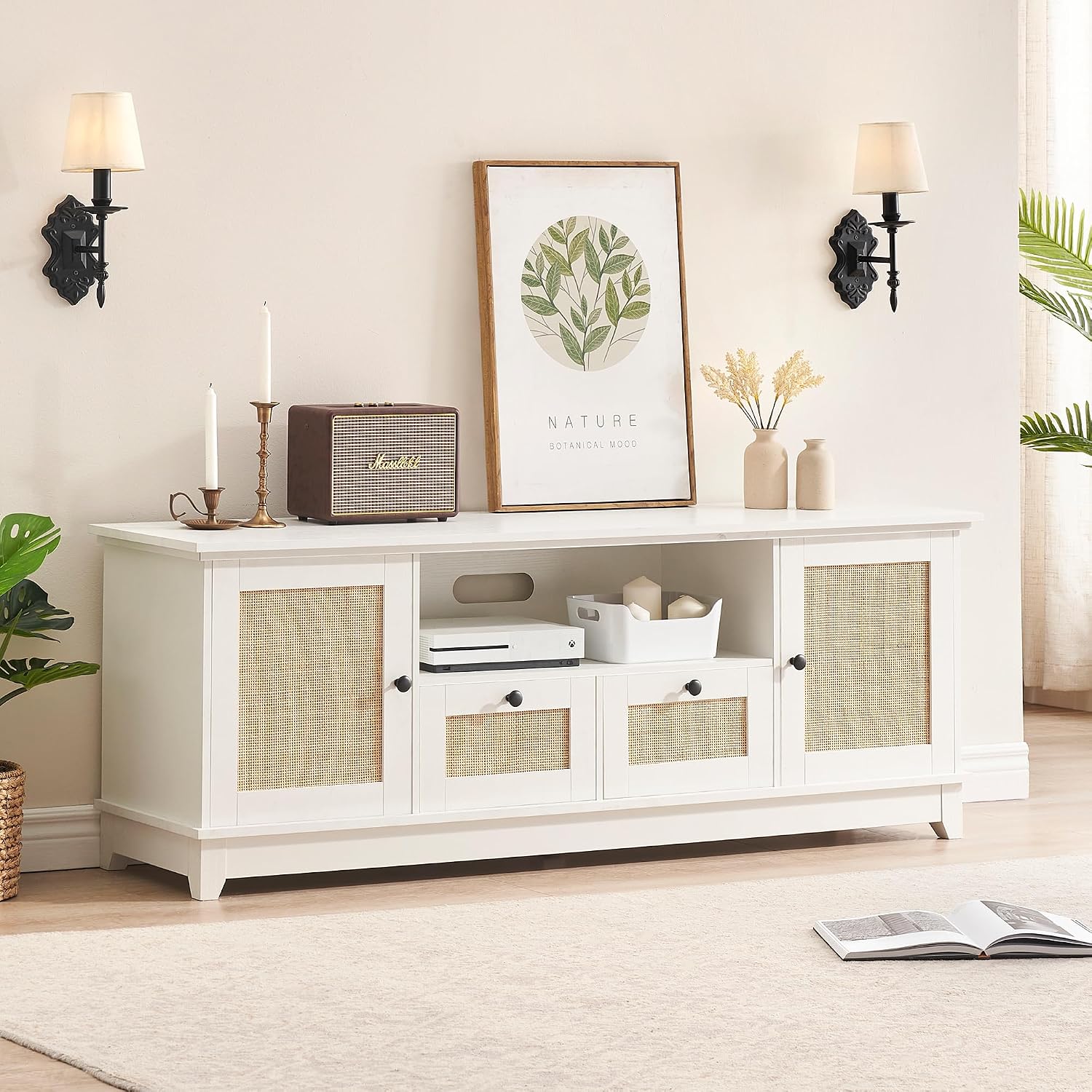 GAOMON Rattan TV Stand for 65 Inch TV, Boho Entertainment Center, TV Console with 2 Cabinets & Adjustable Shelf, Modern TV Stand with Storage (White Desktop)