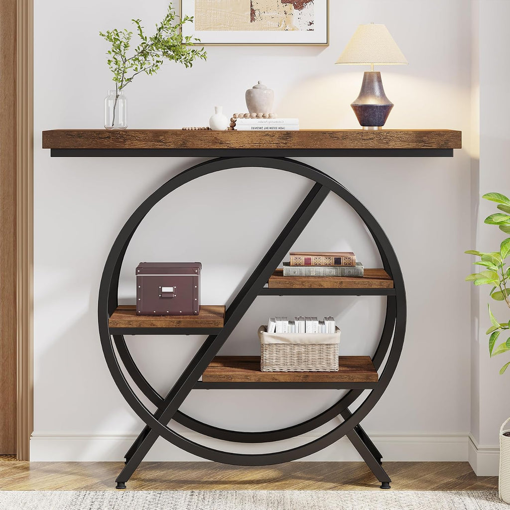 Tribesigns Console Table, 40-Inch Entryway Table with Storage Shelves, 4-Tier Industrial Hallway Sofa Table with Geometric Metal Frame, Accent Table for Living Room, Entryway, Rustic Brown