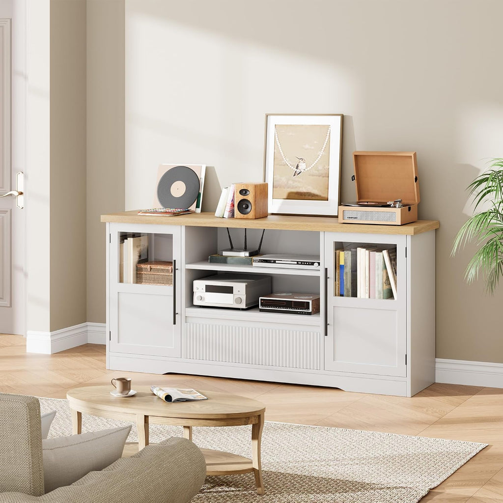 GarveeHome TV Stand, 72 in Wave Pattern Entertainment Center with 2 Glass Door Cabinets, Farmhouse TV Media Console with Open Storage Compartments for Living Room, White & Natural
