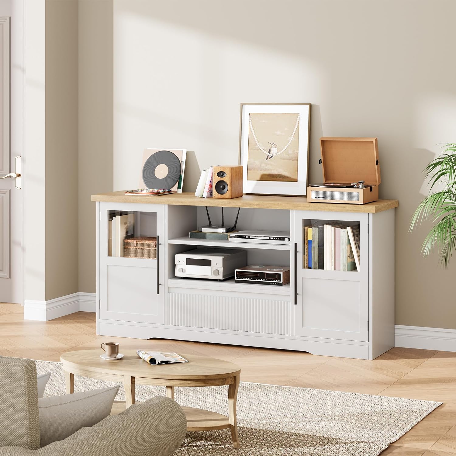 GarveeHome TV Stand, 72 in Wave Pattern Entertainment Center with 2 Glass Door Cabinets, Farmhouse TV Media Console with Open Storage Compartments for Living Room, White & Natural