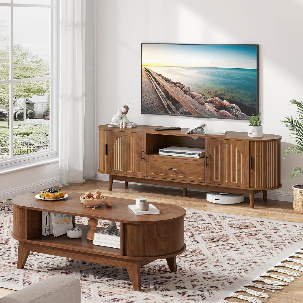 Mxtxmy 70' Fluted TV Stand for Tvs up to 80', Mid-Century Modern Entertainment Center with Drawers and Fluted Doors, Curved TV Media Console Table with Sliding Doors for Living Room, Bedroom (70')
