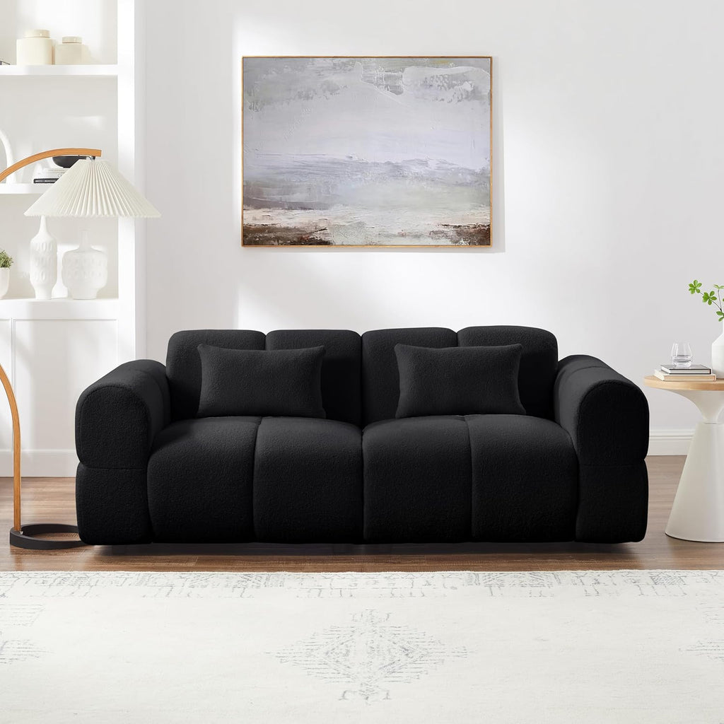 80' Modern Sofa Couch, Comfy Deep Seat Lambswool Cloud Sofa, Upholstered 3-Seater Boucle Couch, Oversized Loveseat for Living Room, Bedroom, Office, Apartment(Black)