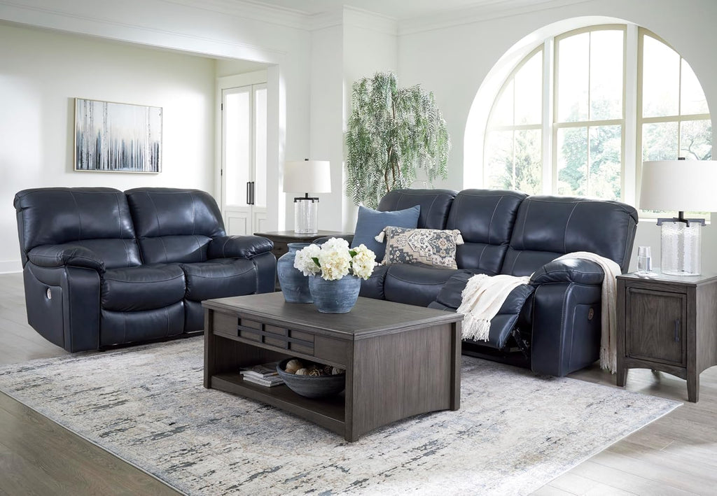 Signature Design by Ashley Leesworth Contemporary Power Reclining Loveseat with One-Touch Control and USB Charging Ports, Leather, 20' Seat Height, Blue