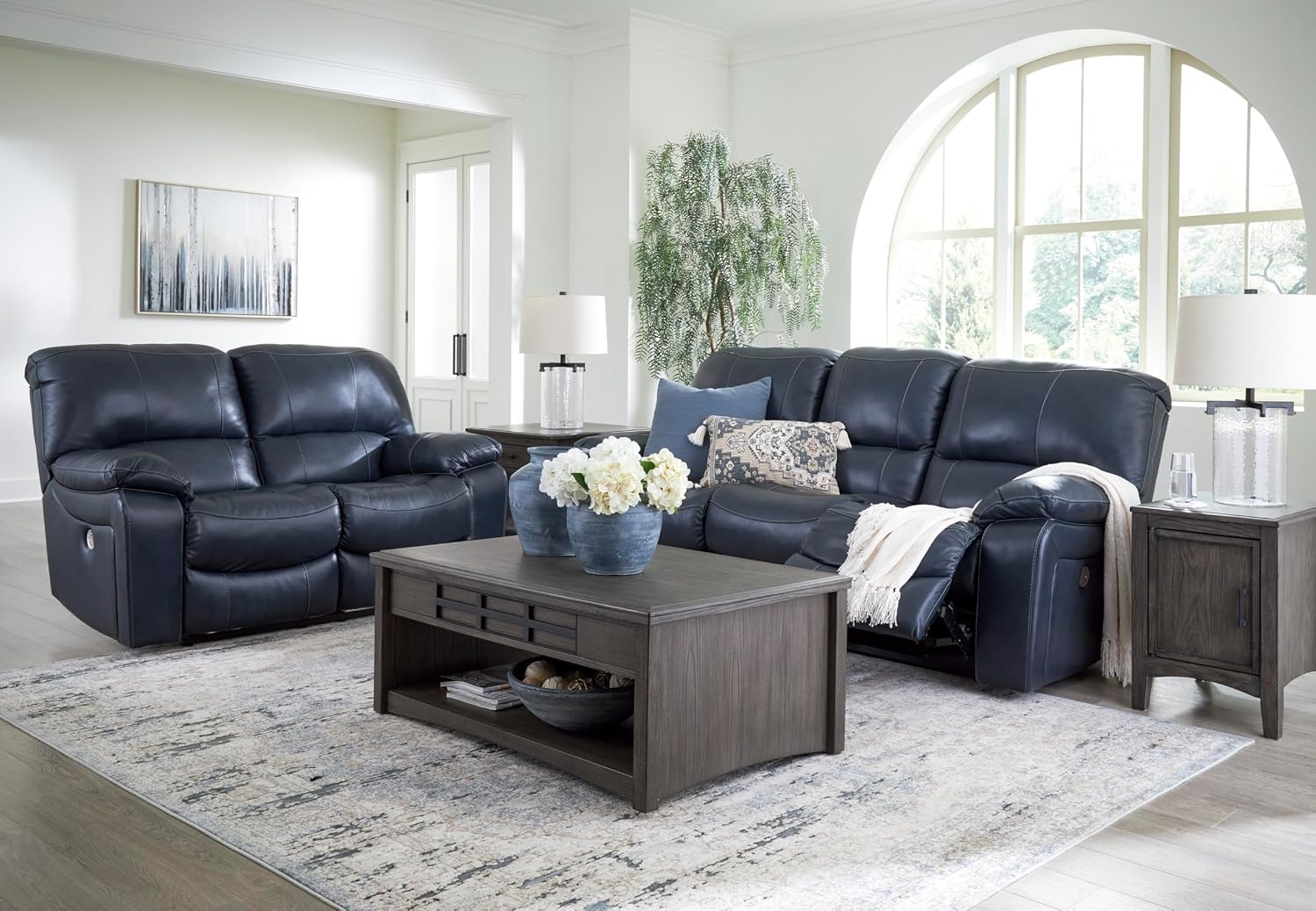 Signature Design by Ashley Leesworth Contemporary Power Reclining Loveseat with One-Touch Control and USB Charging Ports, Leather, 20' Seat Height, Blue