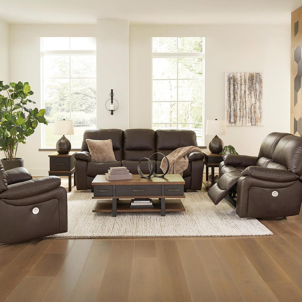 Signature Design by Ashley Leesworth Contemporary Leather Match Power Rocker Recliner with USB Ports, Dark Brown