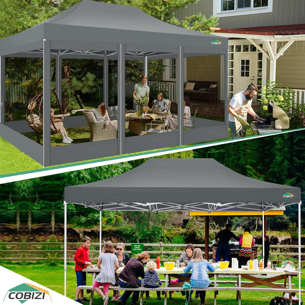 COBIZI 10x15 Heavy Duty Pop up Canopy with 4 Sidewalls, Canopy Tent with Mosquito Netting, Easy up Screen Party Tents for Parties Wedding Patio Backyard Commercial Gazebo with Handbag, Gray