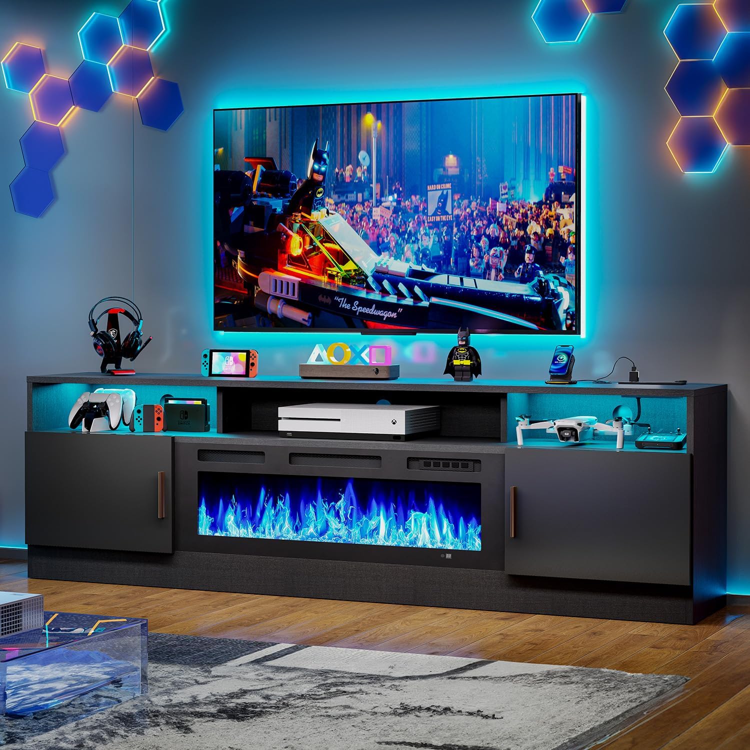MXV 70' Fireplace TV Stand with Power Outlet for TVs UP to 80', Electric Fireplace Entertainment Center with LED Lights & Storage Cabinets, TV Console for Living Room, Office, Black-Black